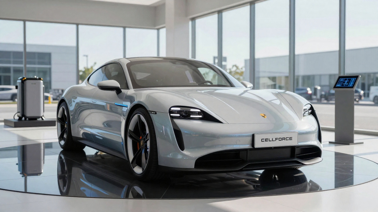 Carro desportivo elétrico prateado Porsche Taycan exposto numa sala moderna com janelas grandes.