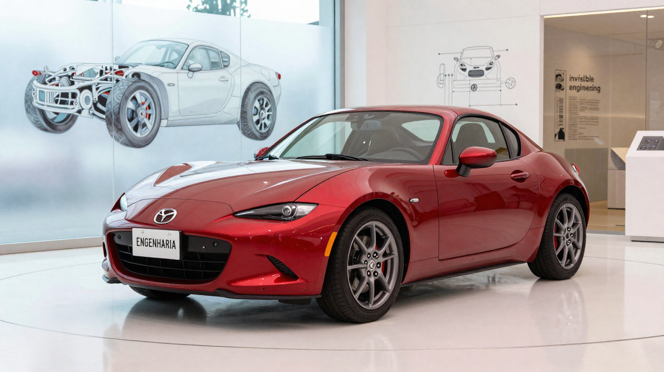 Carro desportivo vermelho Mazda MX-5 exposto num espaço com diagramas técnicos na parede.