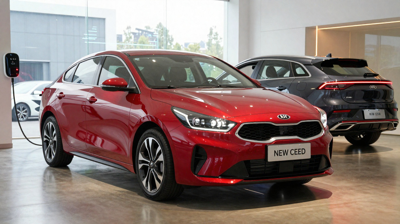 Carro vermelho Kia New Ceed estacionado em showroom com automóvel cinzento ao fundo.