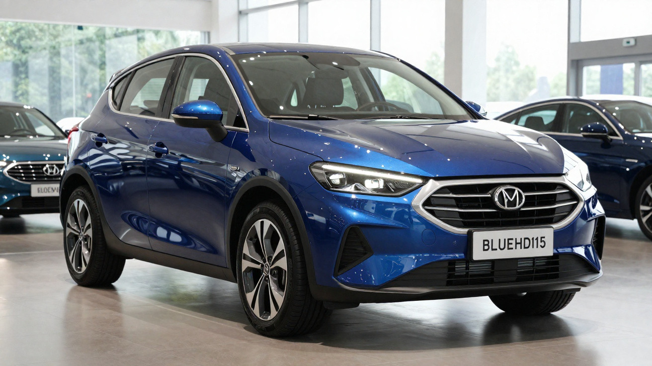 Carro azul metálico moderno estacionado interior, com faróis acesos e matrícula "BLUEHD115".