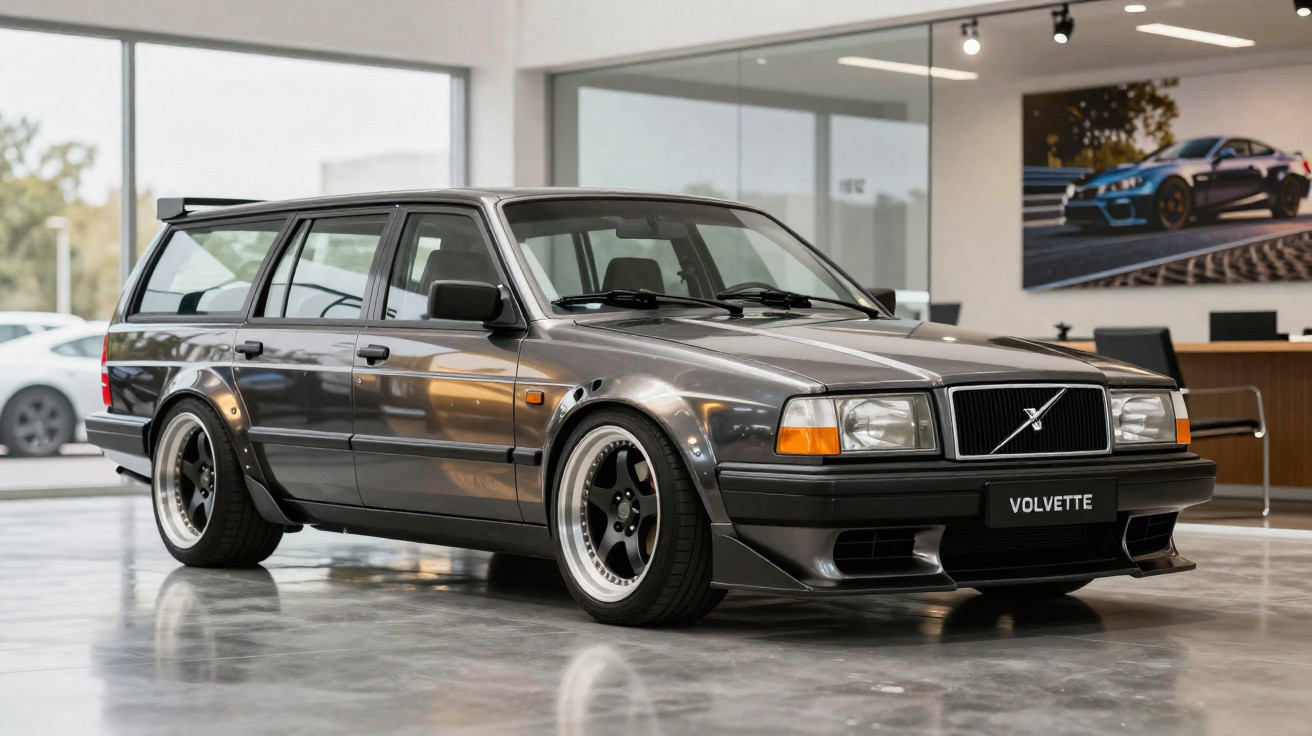 Carro clássico Volvo de cor cinza escuro, estilo perua, exposto numa sala moderna com chão polido.