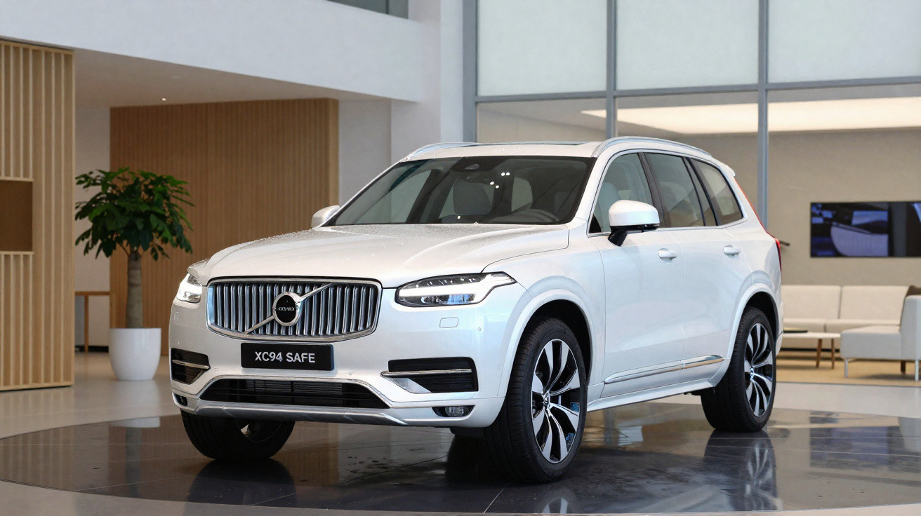 Carro SUV Volvo XC94 branco em exposição num espaço interior moderno e luminoso.