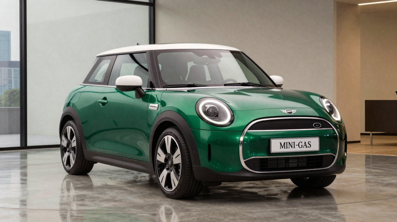 Mini Cooper verde com tejadilho branco estacionado em salão moderno com chão espelhado.