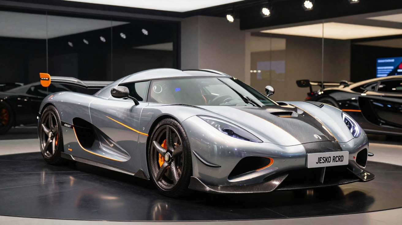 Carro desportivo cinza metalizado Koenigsegg Jesko R com detalhes em carbono e rodas pretas exibido em salão.