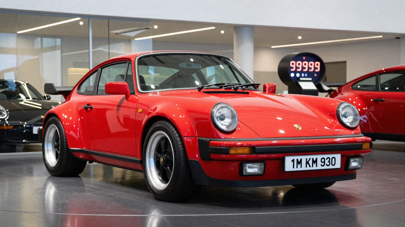 Carro desportivo clássico Porsche vermelho exposto num espaço interior com piso cinza.
