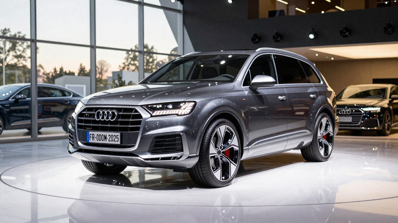 Audi Q7 cinza estacionado em exposição dentro de concessionária moderna com grandes janelas.