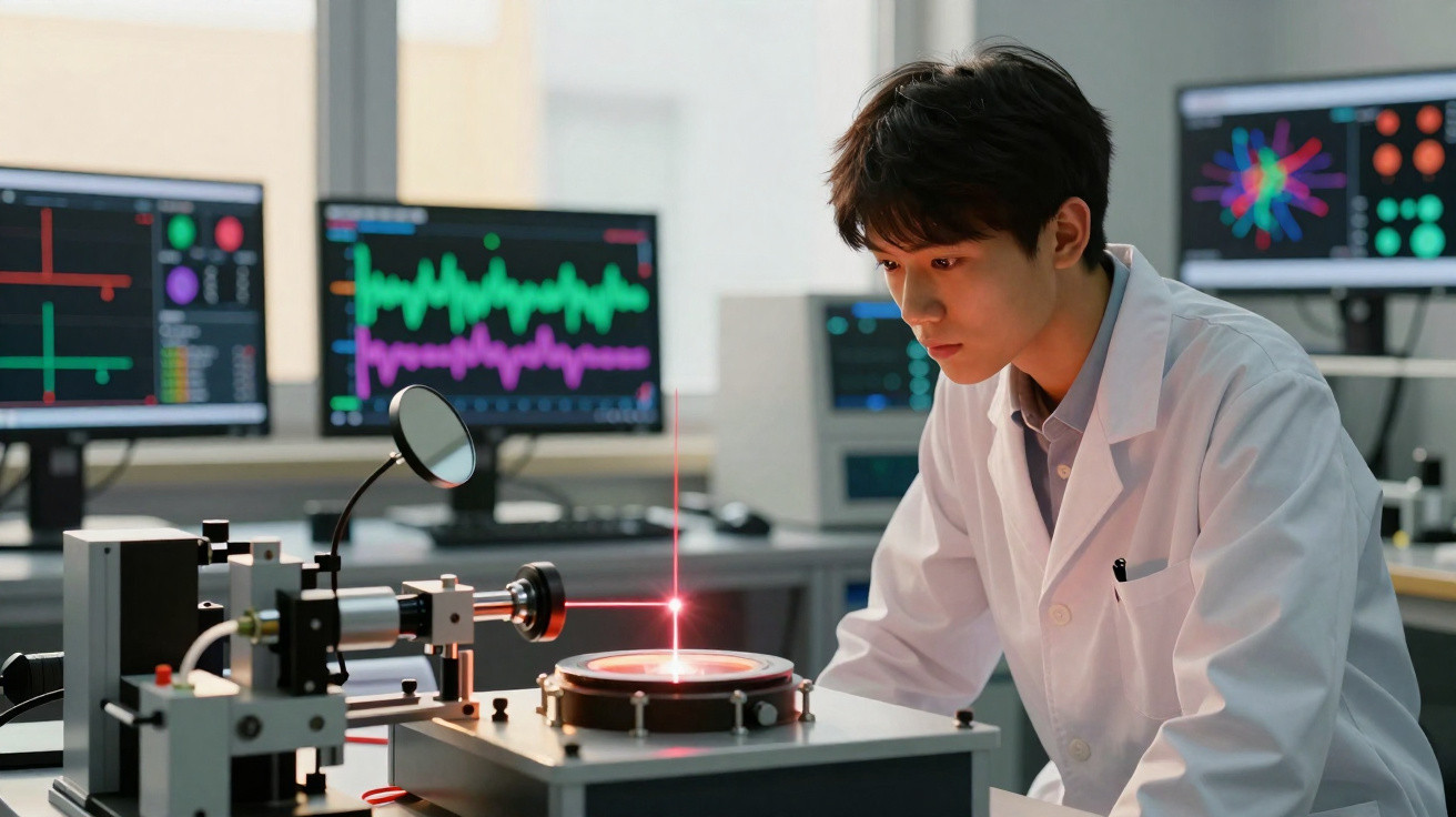 Cientista em bata branca a observar equipamento com laser vermelho e ecrãs digitais em laboratório moderno.