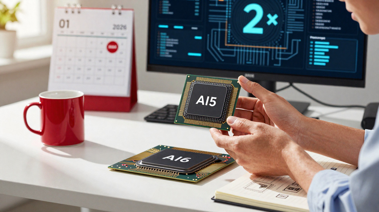 Mãos seguram chip AI5 sobre mesa com chip AI6, computador e calendário num escritório moderno.