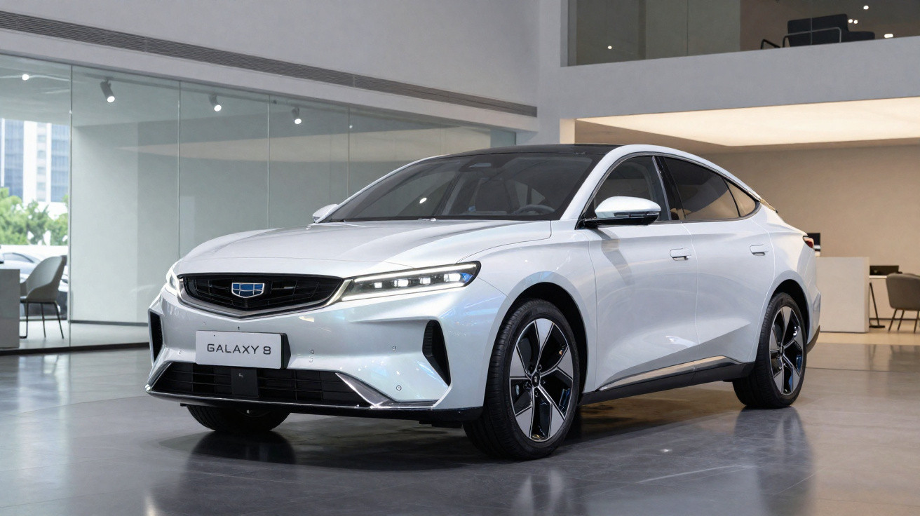 Carro elétrico branco Geely Galaxy 8 estacionado numa sala moderna e luminosa.
