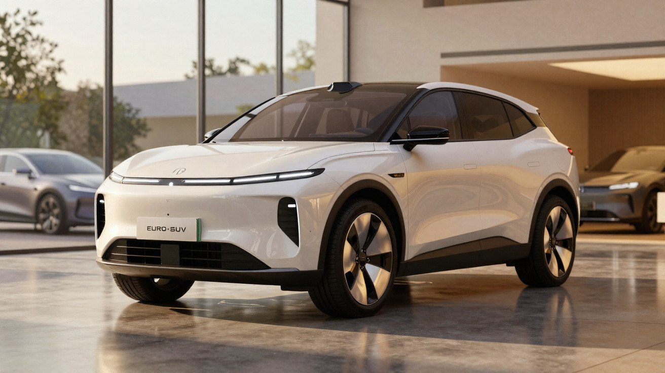Carro SUV branco elétrico moderno estacionado em ambiente interior com janelas amplas e luz natural.