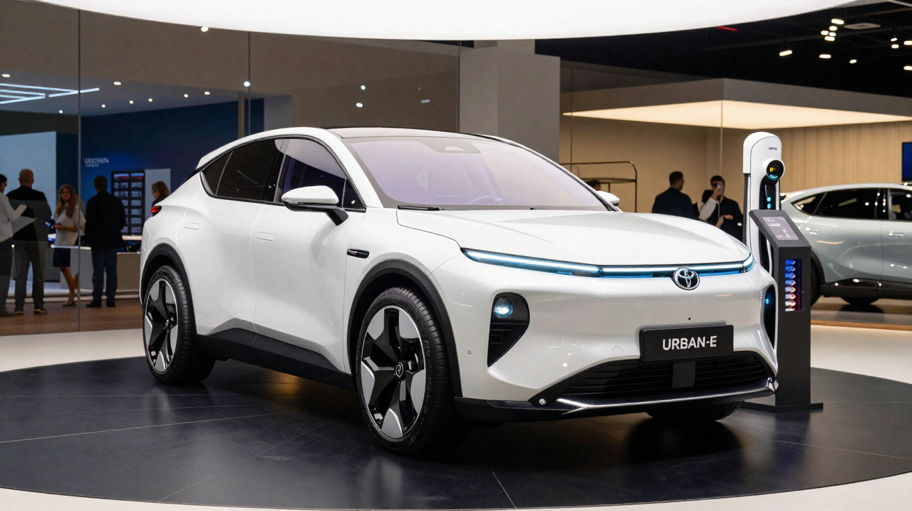 Carro elétrico branco Toyota Urban-E exposto em salão automóvel com posto de carregamento elétrico ao lado.