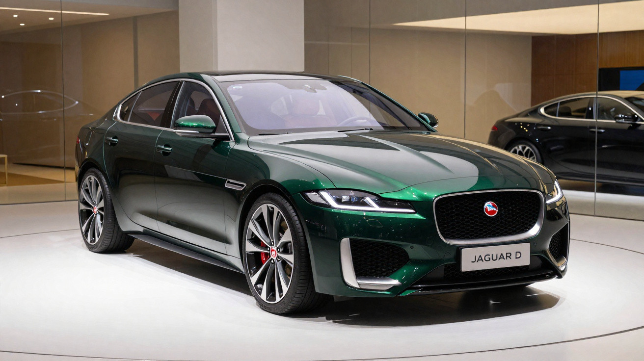 Carro desportivo Jaguar D sedan de cor verde exposto em salão com espelhos ao fundo.