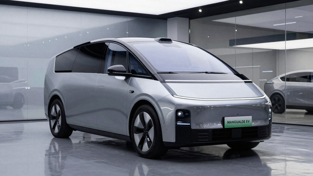 Veículo elétrico cinza claro com design futurista e janelas escuras num showroom moderno.