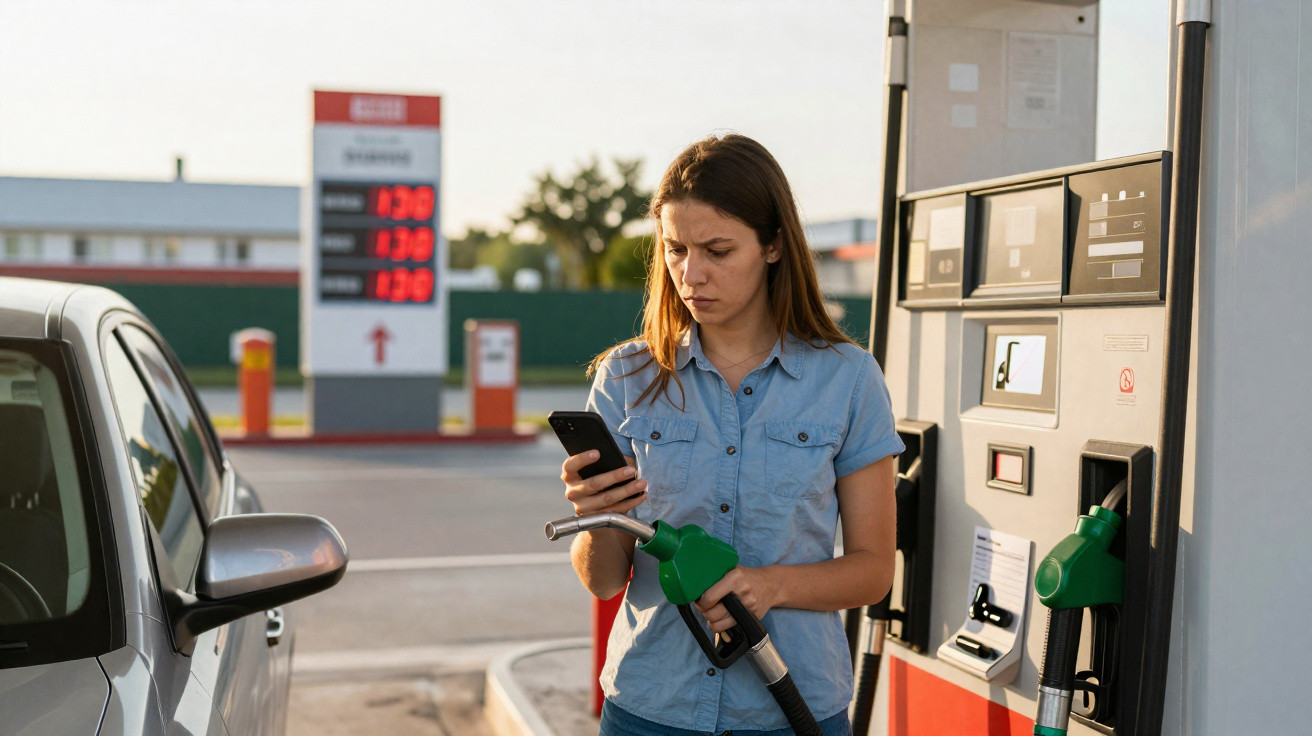 Mulher com expressão preocupada segura telemóvel e mangueira de combustível numa bomba de gasolina.