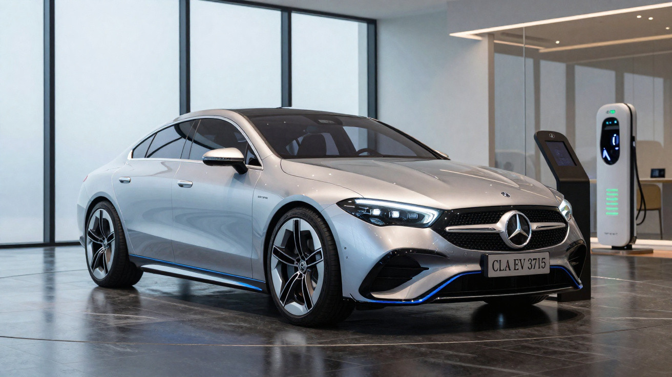 Carro elétrico Mercedes-Benz prata estacionado em espaço moderno com estação de carregamento ao fundo.