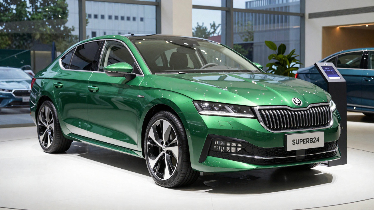 Carro verde Škoda Superb24 exposto em showroom moderno com grandes janelas e solo branco.
