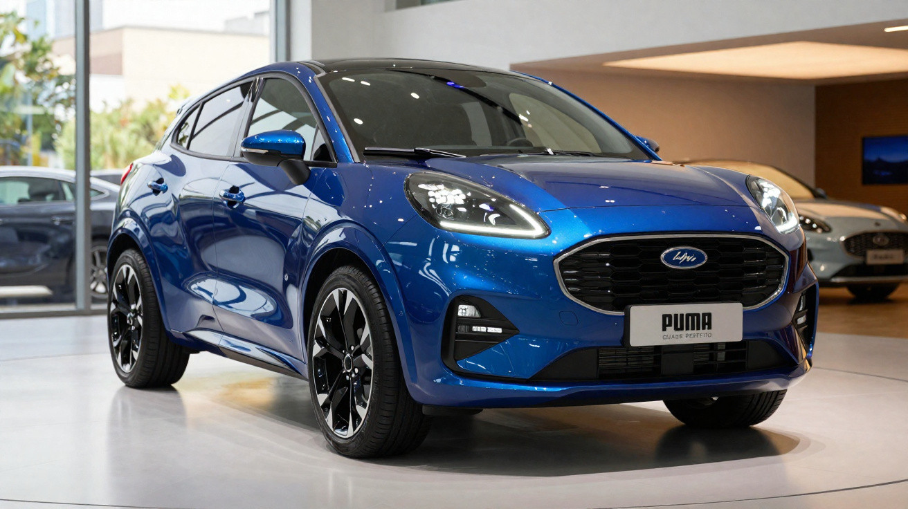 Carro azul metálico modelo Puma estacionado em showroom moderno com piso claro.