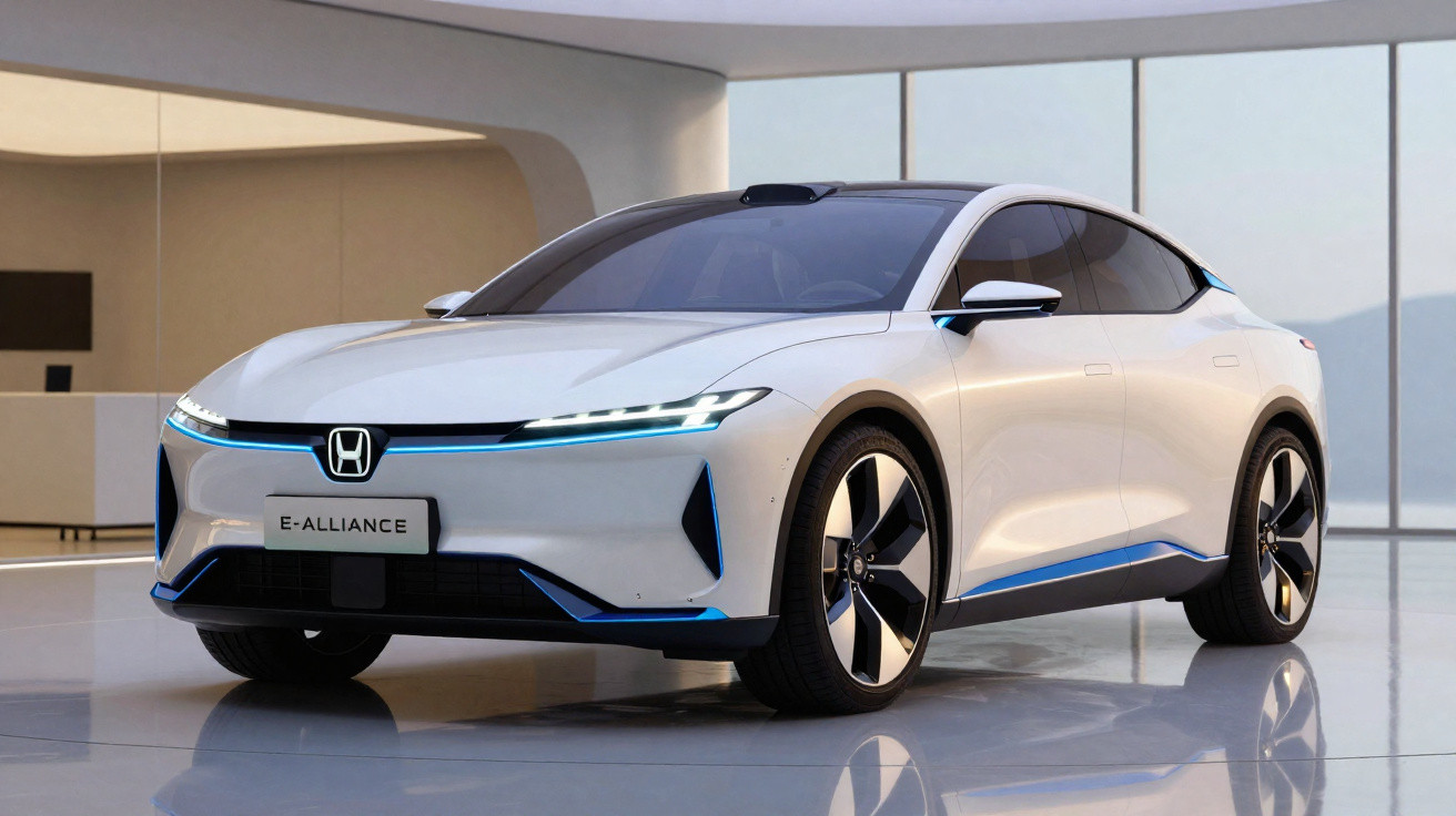 Carro elétrico Honda E-Alliance branco estacionado em ambiente moderno e iluminado.