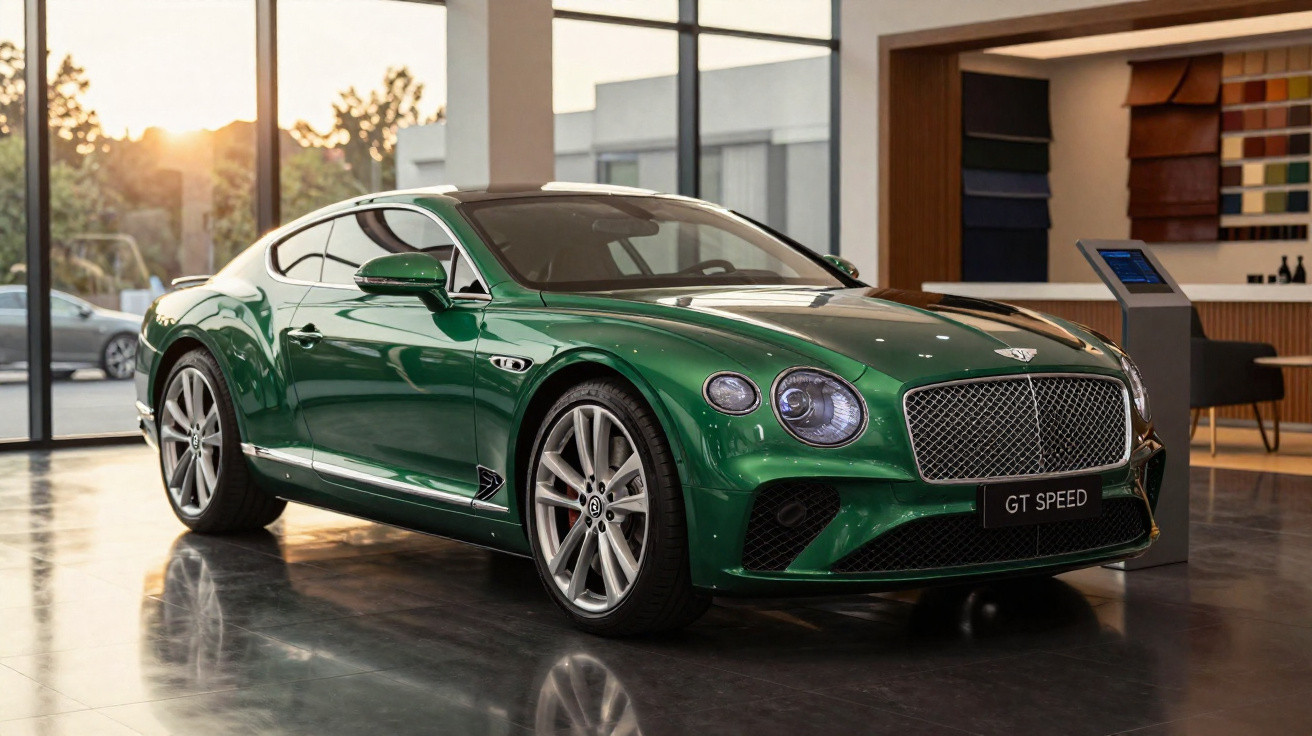 Carro desportivo verde Bentley GT Speed estacionado dentro de showroom moderno com janelas grandes.