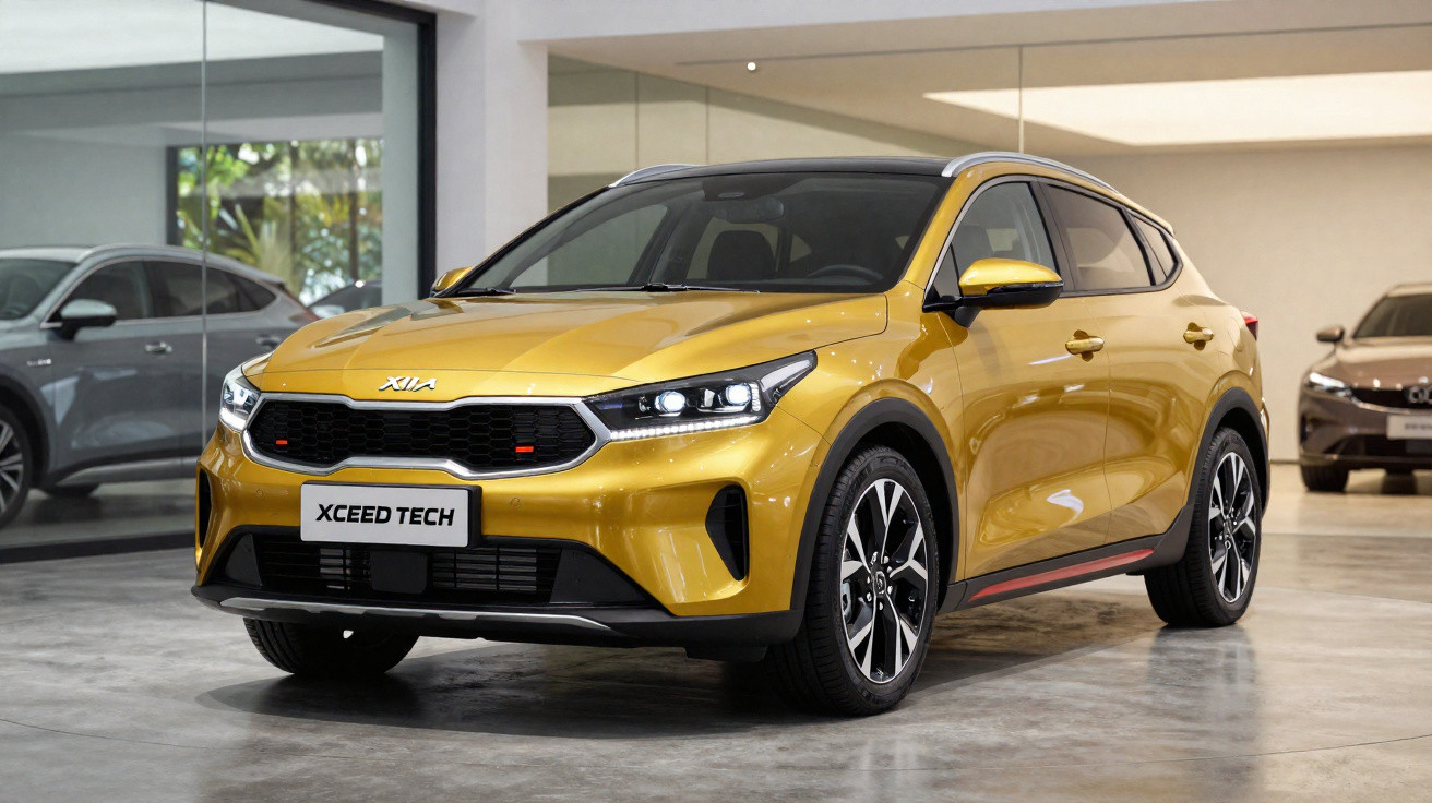 Carro SUV amarelo Kia XCeed Tech estacionado em sala de exposição com outras viaturas ao fundo.