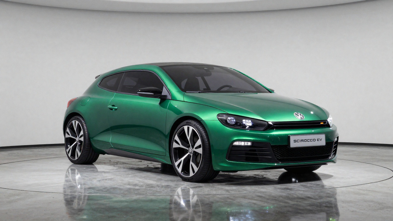 Carro elétrico Volkswagen Scirocco EV verde, três portas, num estúdio com fundo cinzento.