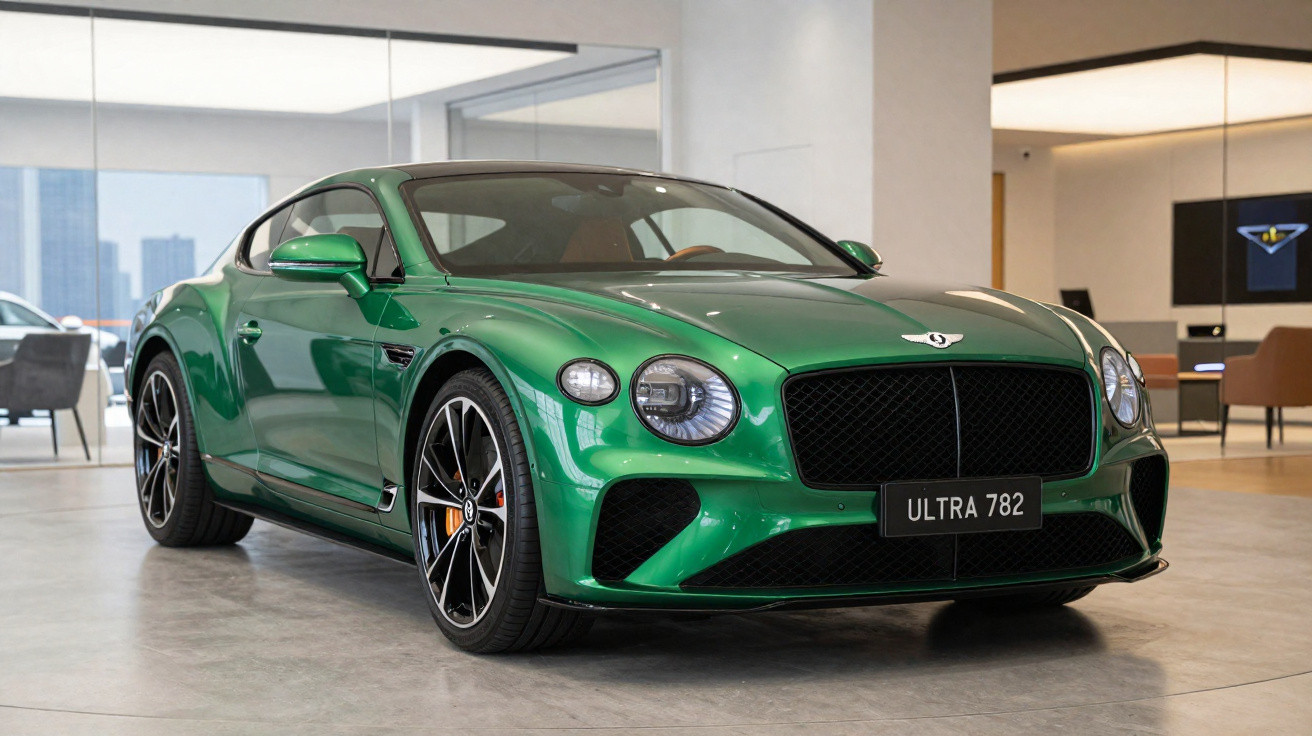 Carro desportivo verde Bentley estacionado em interior moderno com chão cinzento.