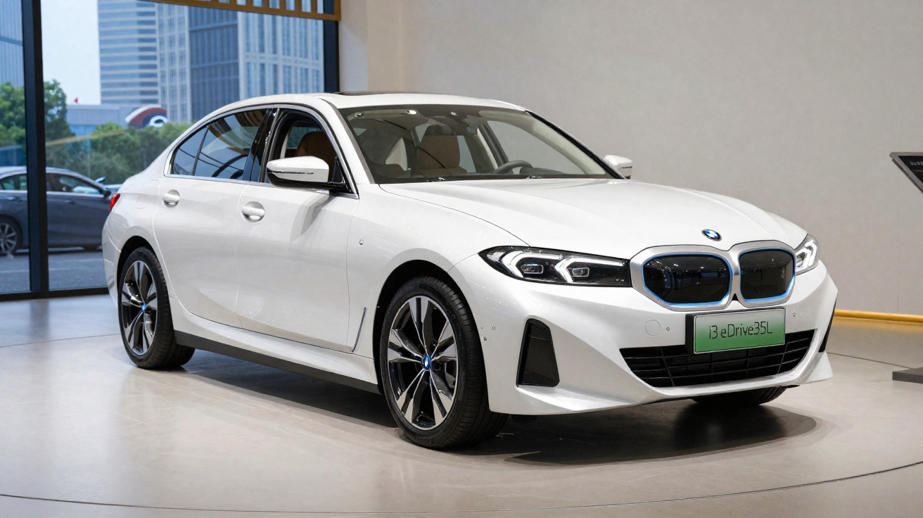 Carro elétrico BMW branco em exposição interior com janelas e edifícios ao fundo.