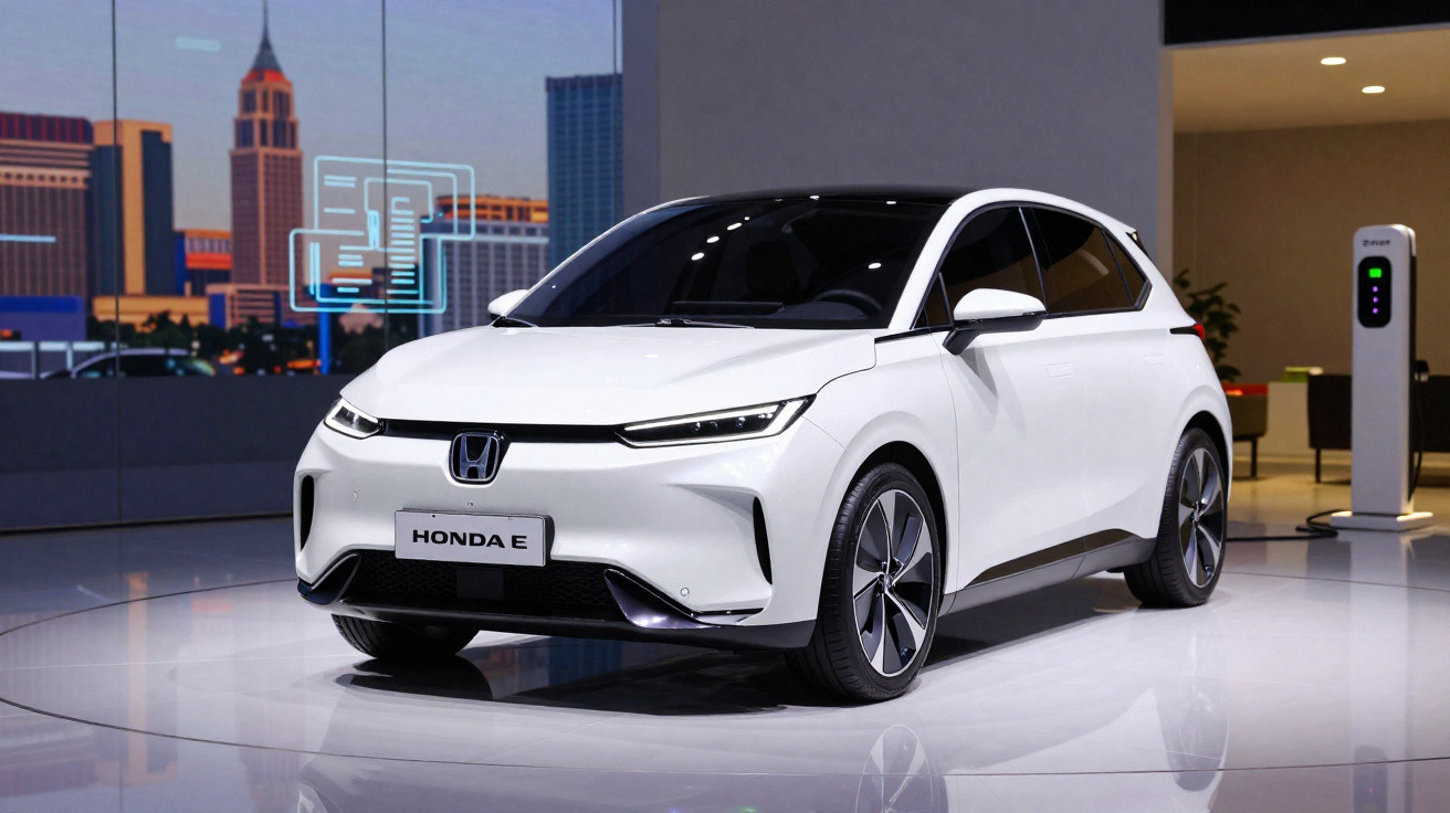 Carro eléctrico Honda E branco num salão com fundo urbano e estação de carregamento ao lado.