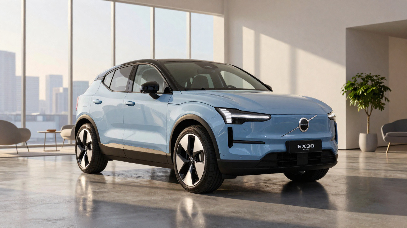 Carro elétrico Volvo EX30 azul claro numa sala moderna com janelas grandes e luz natural.