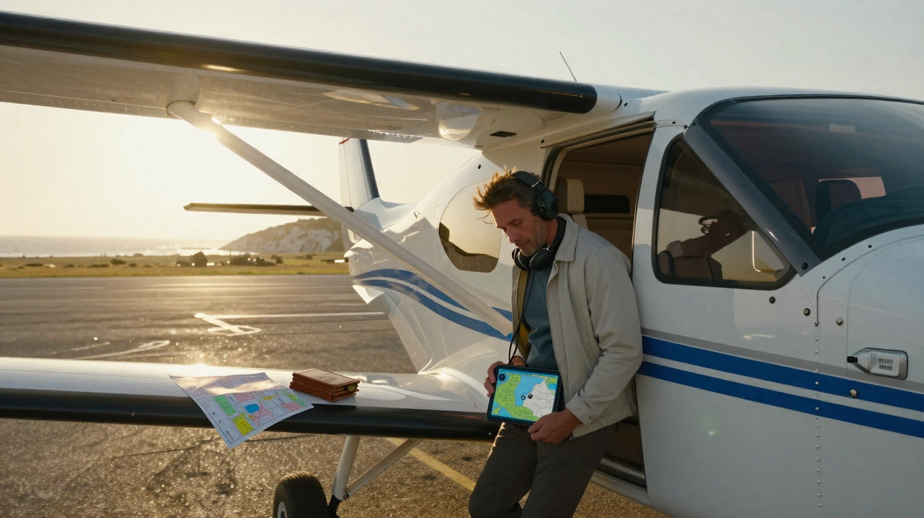 Homem com auscultadores usa tablet junto a pequeno avião estacionado no aeroporto ao pôr do sol.