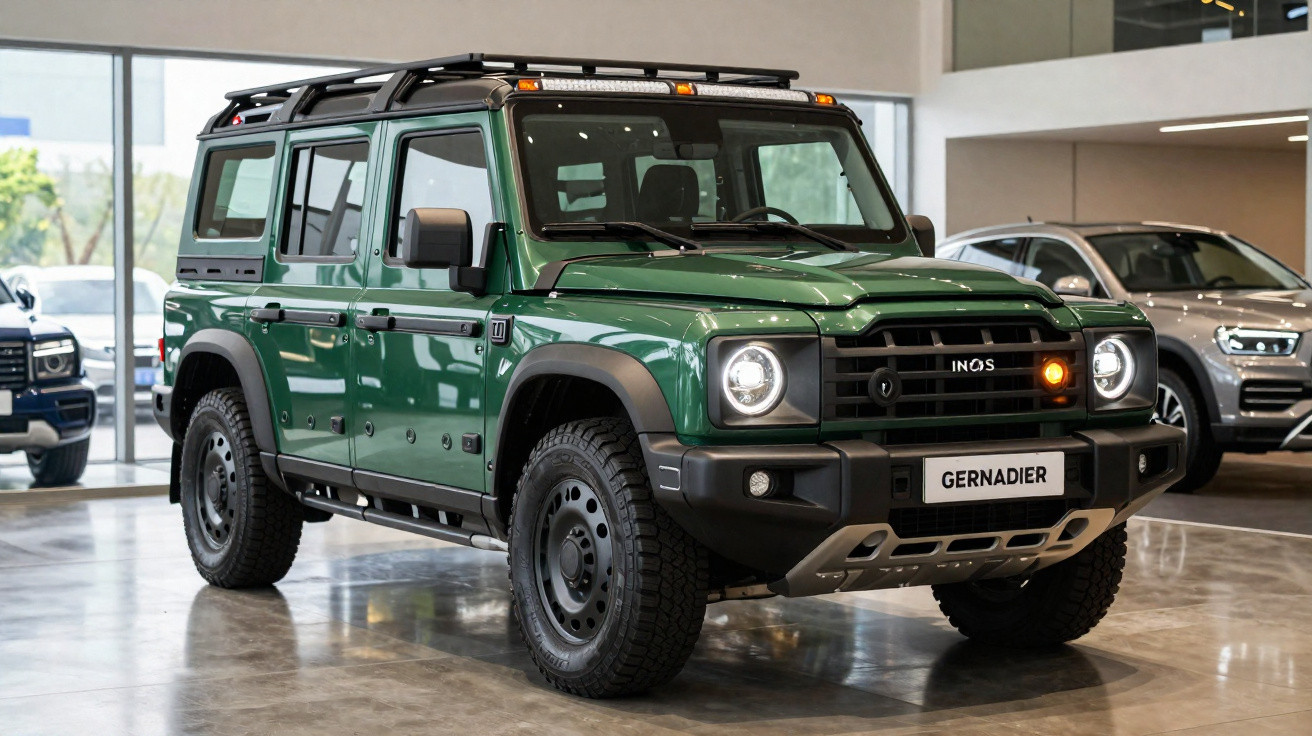 Carro todo-o-terreno verde INEOS GERNADIER em exposição numa sala com chão de cimento polido.