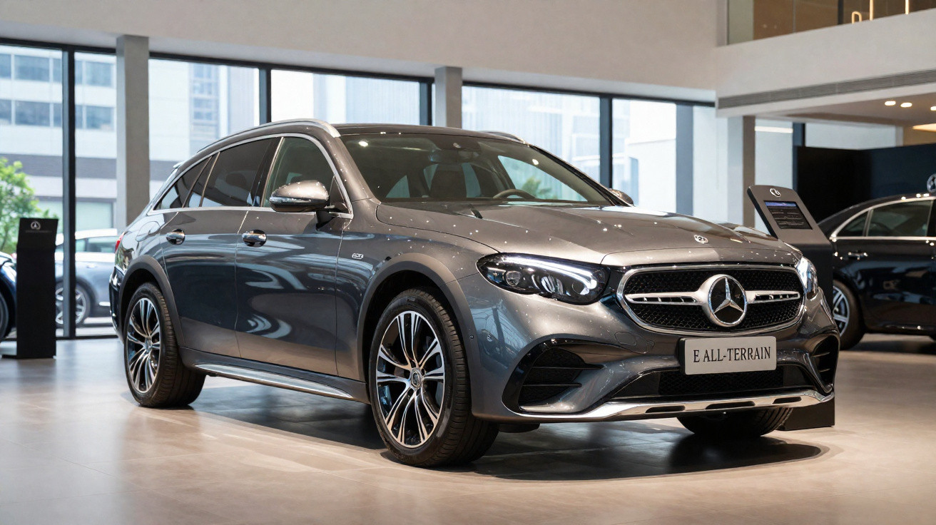 Mercedes-Benz E All-Terrain cinzento exibido numa sala de exposição moderna, com janelas amplas ao fundo.