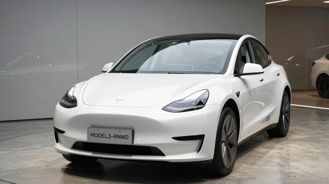 Carro elétrico Tesla Model 3 branco estacionado num espaço interior com chão de cimento polido.