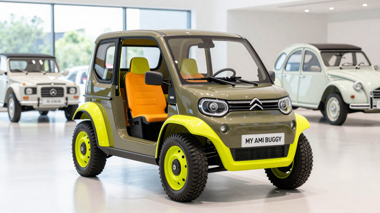 Carro Citroën My Ami Buggy cinza e amarelo com bancos laranja, exibido numa garagem com dois carros clássicos ao fundo.