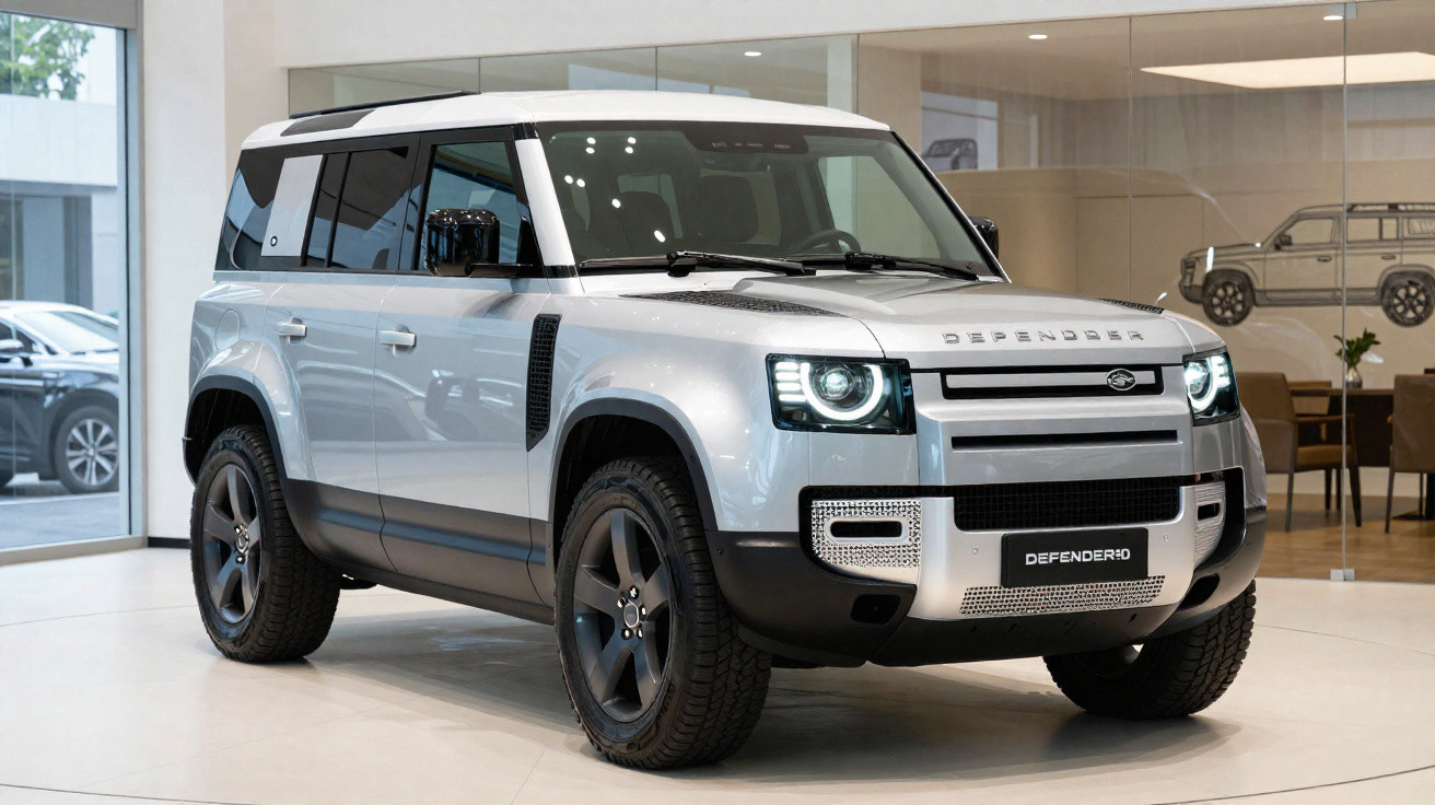 Land Rover Defender 110 prata exposto numa sala de exposição moderna com luz natural.