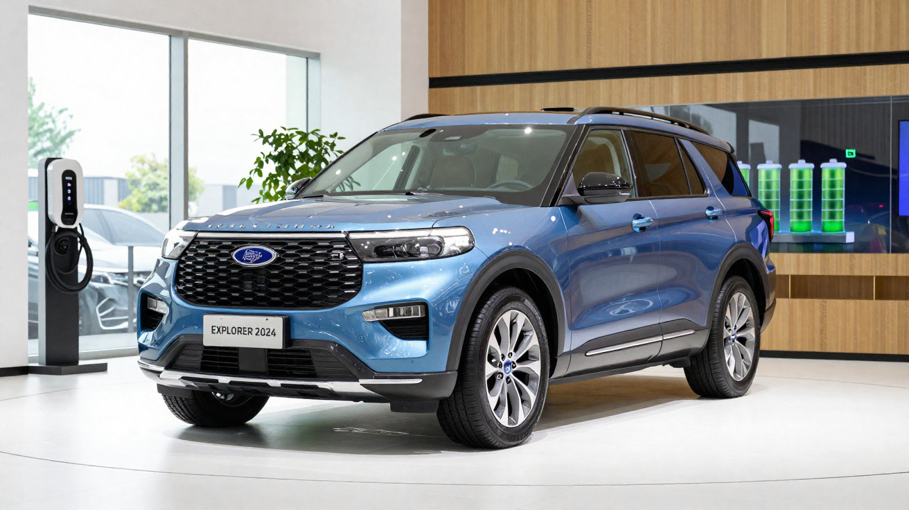 Carro elétrico azul Ford Explorer 2024 exposto em showroom moderno com estação de carregamento.