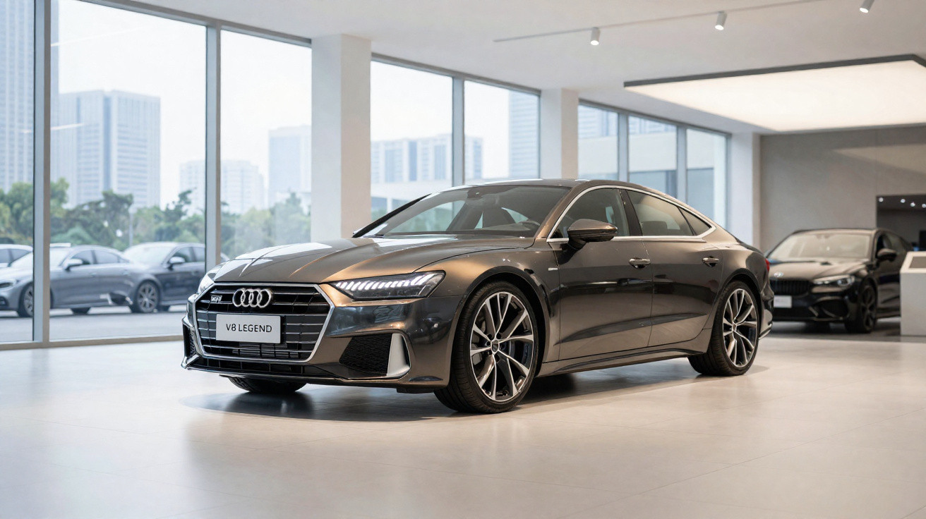 Carro desportivo Audi V8 Legend preto exibido numa sala de exposição moderna com janelas grandes.