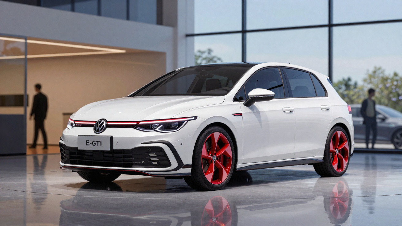 Carro elétrico Volkswagen E-GTI branco com jantes vermelhas, em showroom moderno e com reflexo no chão polido.
