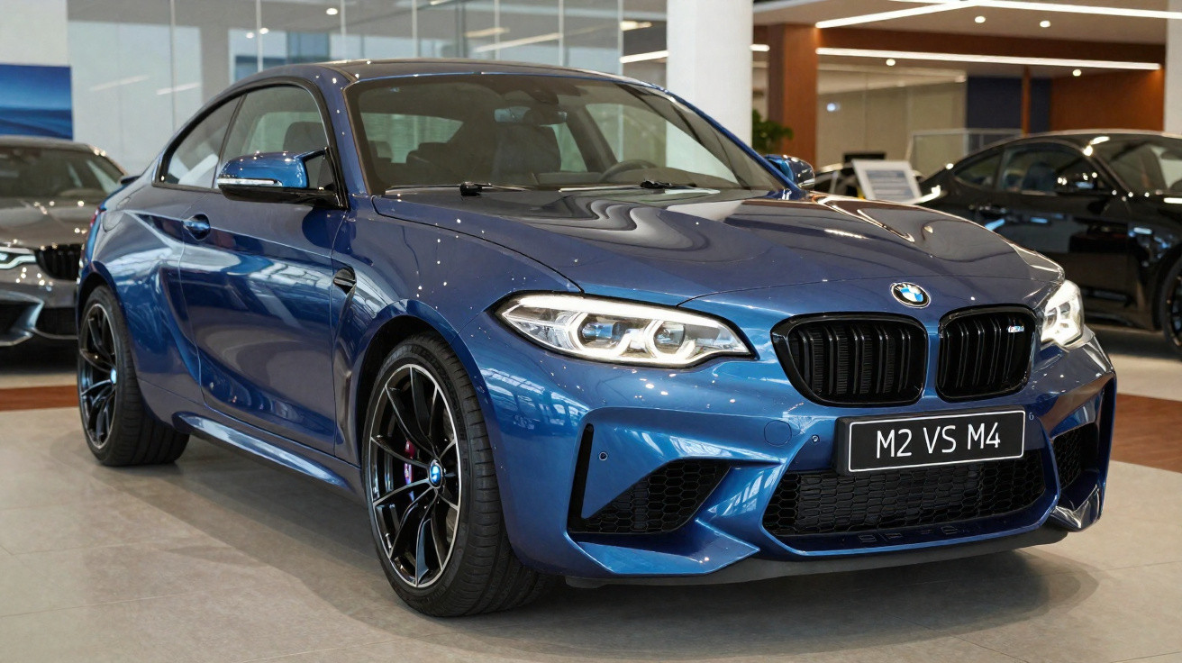 Automóvel BMW M2 azul escuro estacionado em exposição interior com placa M2 VS M4.