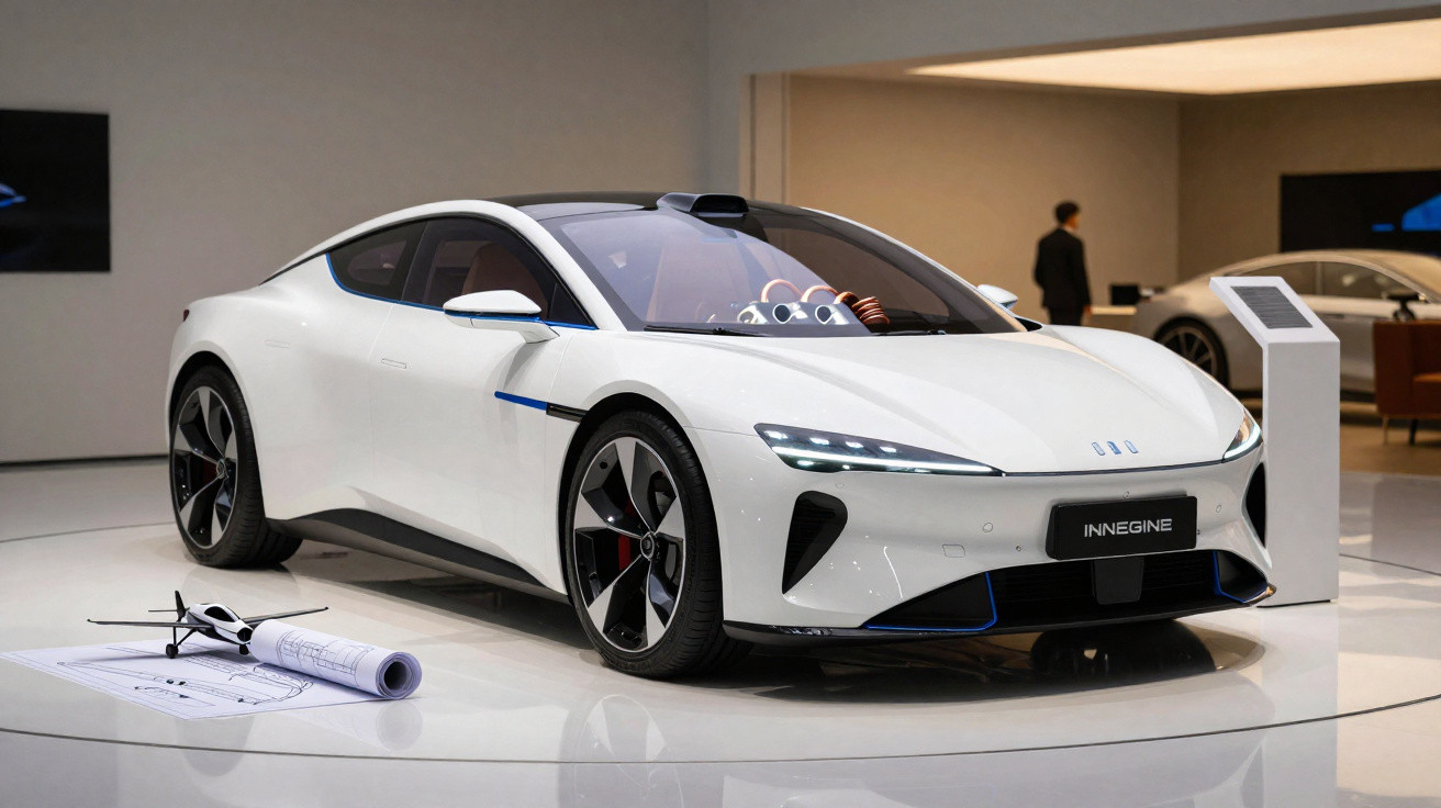Carro desportivo elétrico branco em exposição com rodas pretas e detalhes azuis, em ambiente moderno e iluminado.