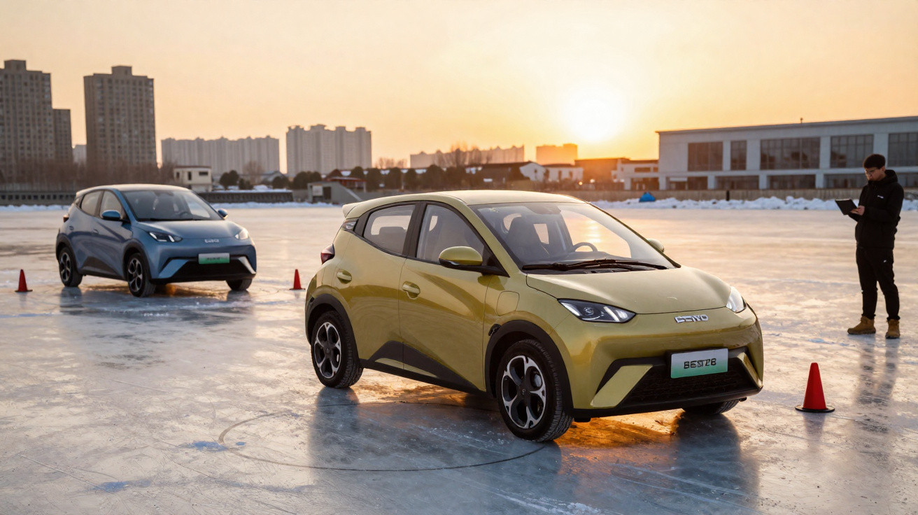 Dois carros elétricos estacionados num piso de cimento com cones vermelhos e um homem a escrever num caderno ao pôr do sol.