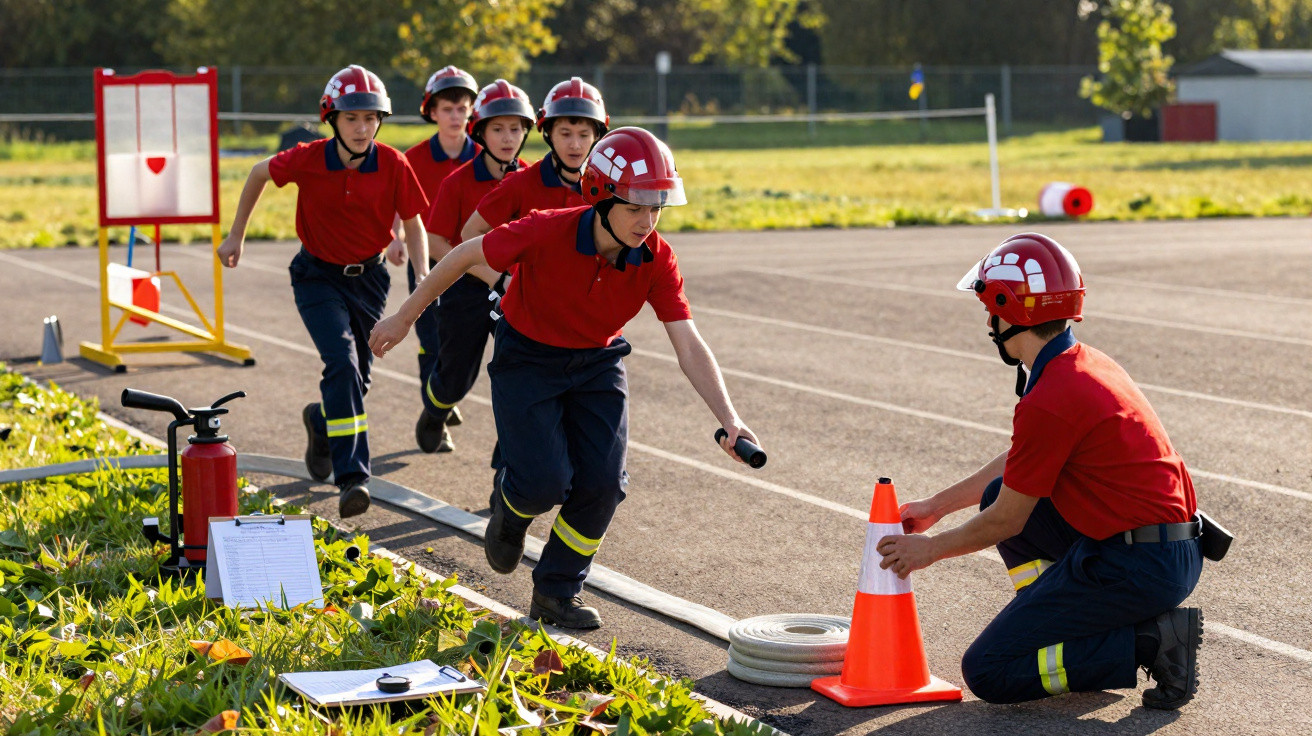 Jovens em uniforme de bombeiro participam em treino de corrida e troca de bastão num campo exterior.