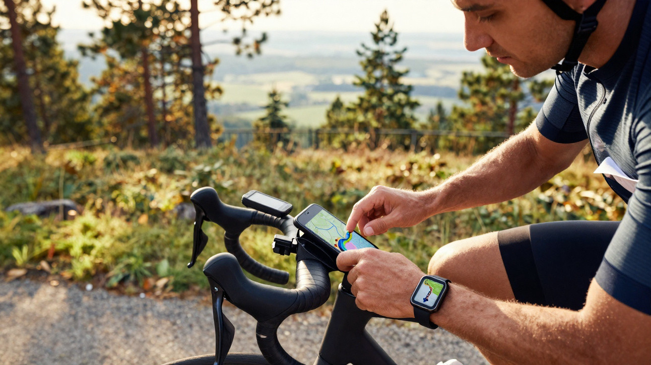 Homem com equipamento de ciclismo consulta mapa no telemóvel enquanto descansa na bicicleta junto a paisagem rural.