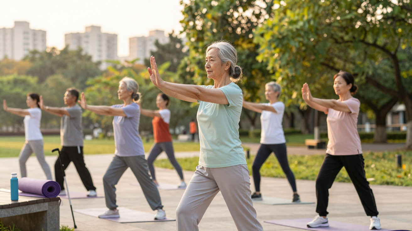 Grupo de séniores a praticar tai chi ao ar livre num parque durante o dia.