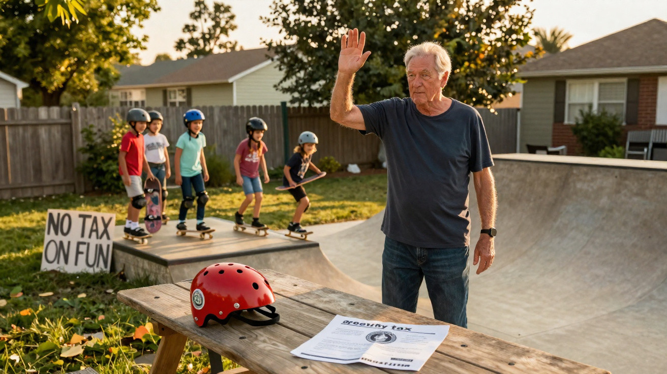 Homem idoso levanta a mão perto de pista de skate com crianças, capacete vermelho e cartaz "No Tax On Fun".