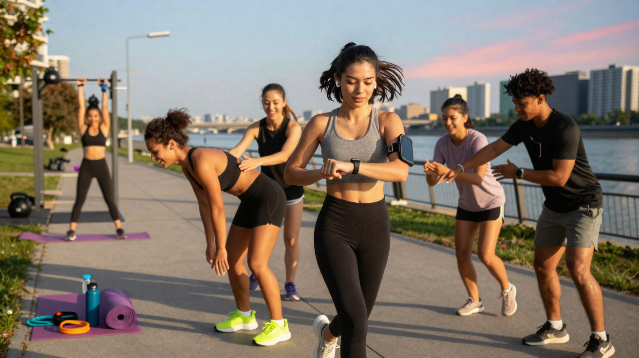 Grupo de jovens a praticar exercício físico ao ar livre junto a um rio ao entardecer.