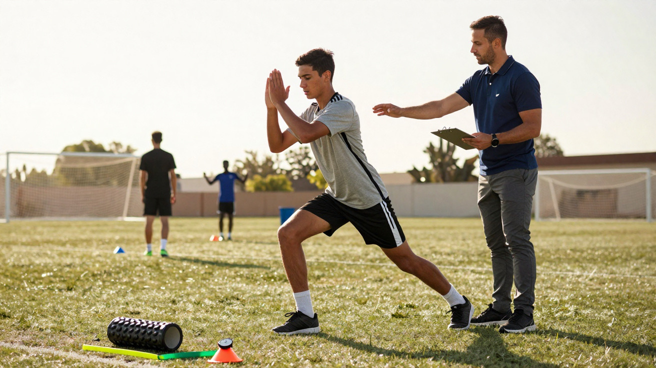 Jovem executa alongamento com treinador a observar e anotar num campo de futebol ao ar livre.