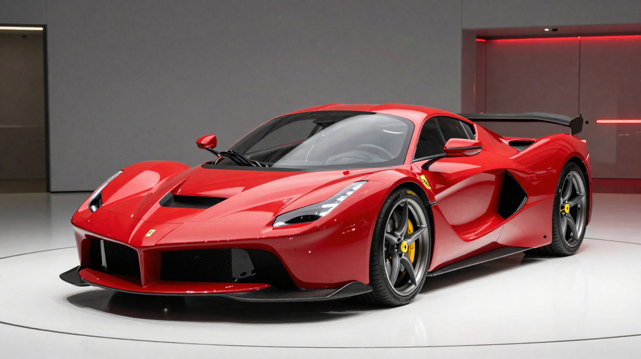 Carro desportivo vermelho Ferrari exposto em sala moderna com paredes cinza e iluminação indireta.
