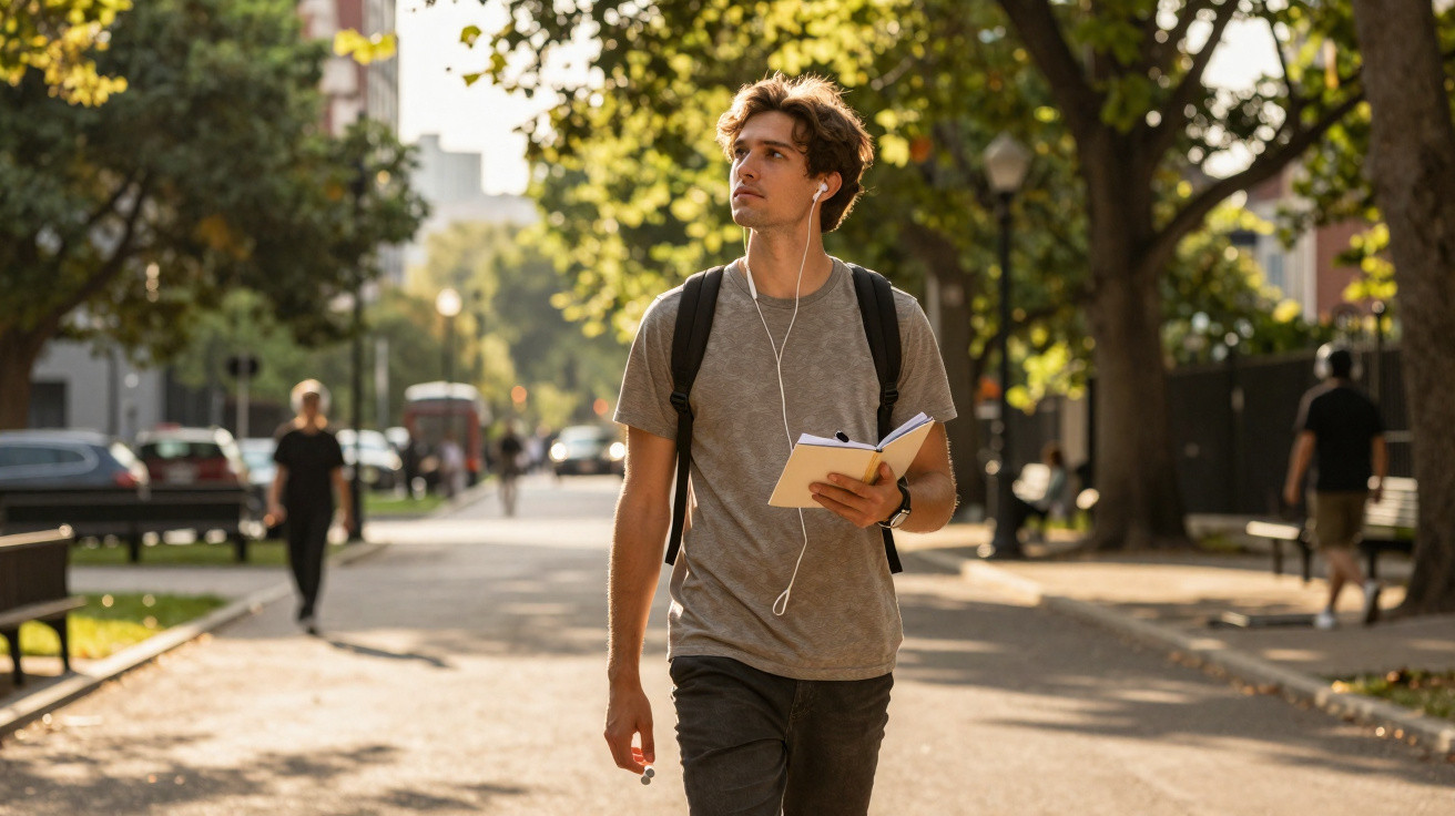 Jovem com mochila e auriculares caminha numa rua arborizada, segurando um caderno aberto.