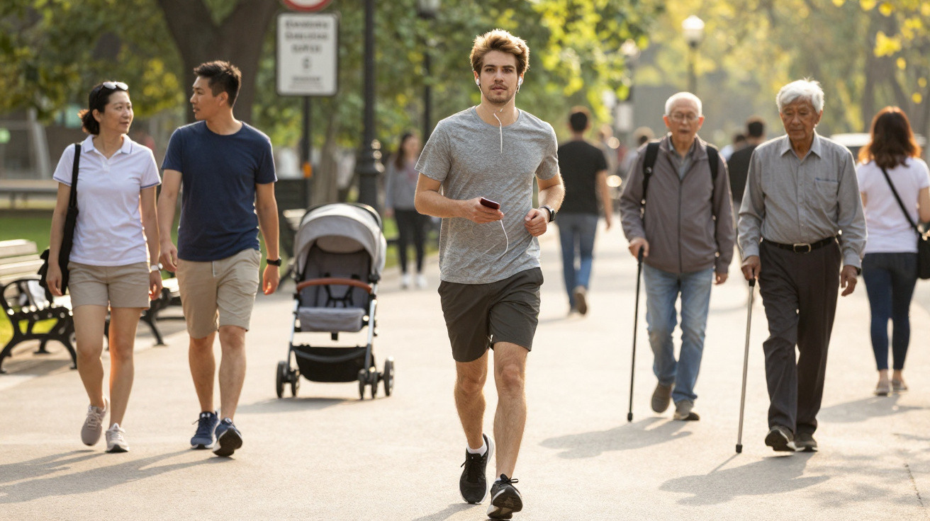 Homem a correr com auscultadores num parque com outras pessoas a caminhar ao fundo.